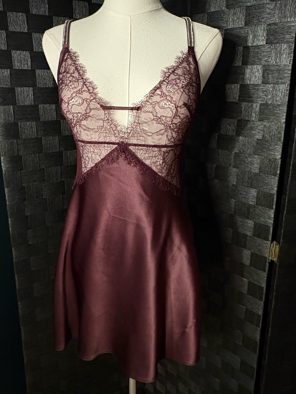 Victoria's Secret burgundy satin and lace chemise slip dress
